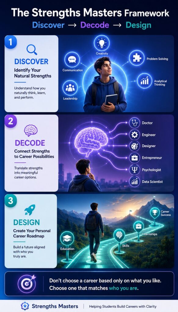 Three-step Strengths Masters Framework showing how students discover strengths, explore careers, and build a personalised career roadmap.