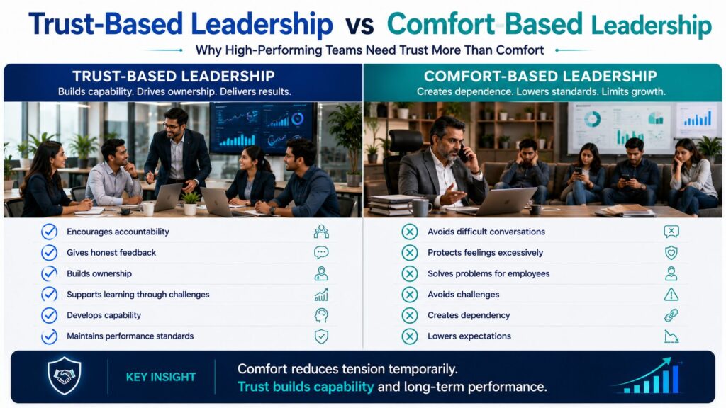 Comparison of trust-driven leadership and comfort-based management and their impact on team performance.