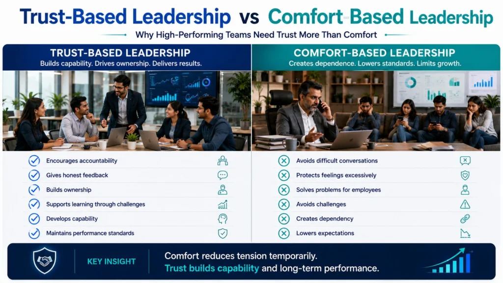 Comparison of trust-driven leadership and comfort-based management and their impact on team performance.