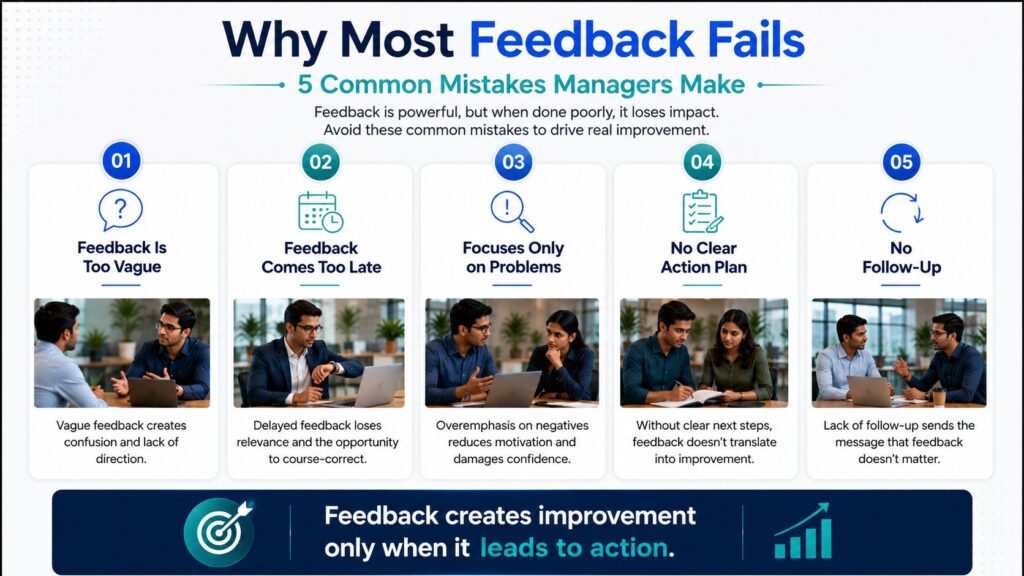 Five common feedback mistakes managers make, including vague communication, delayed feedback, lack of action plans, negative focus, and no follow-up.