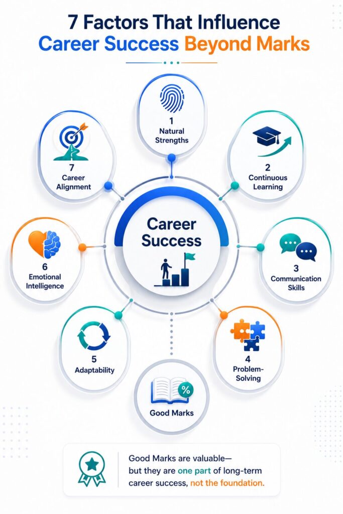 Infographic showing seven key factors beyond marks that drive career success, including strengths, communication, adaptability, and emotional intelligence.