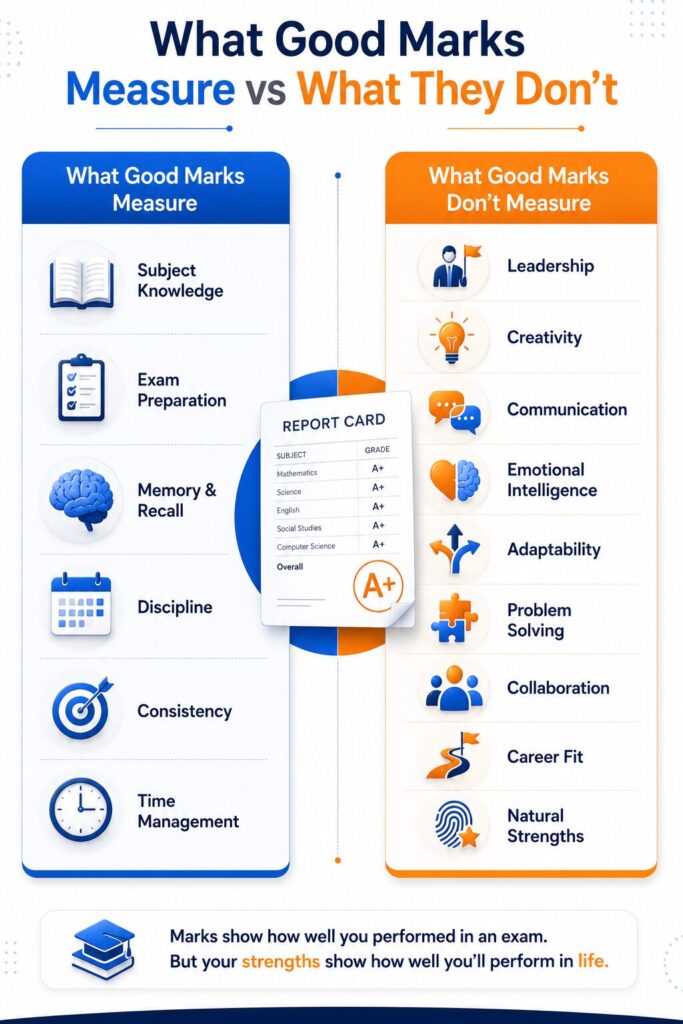Infographic comparing what good marks measure versus what they don't, highlighting skills like leadership, creativity, communication, and career fit.