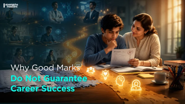 Parent and teenager reviewing an A+ report card while exploring future career options, showing that good marks alone don't guarantee career success.